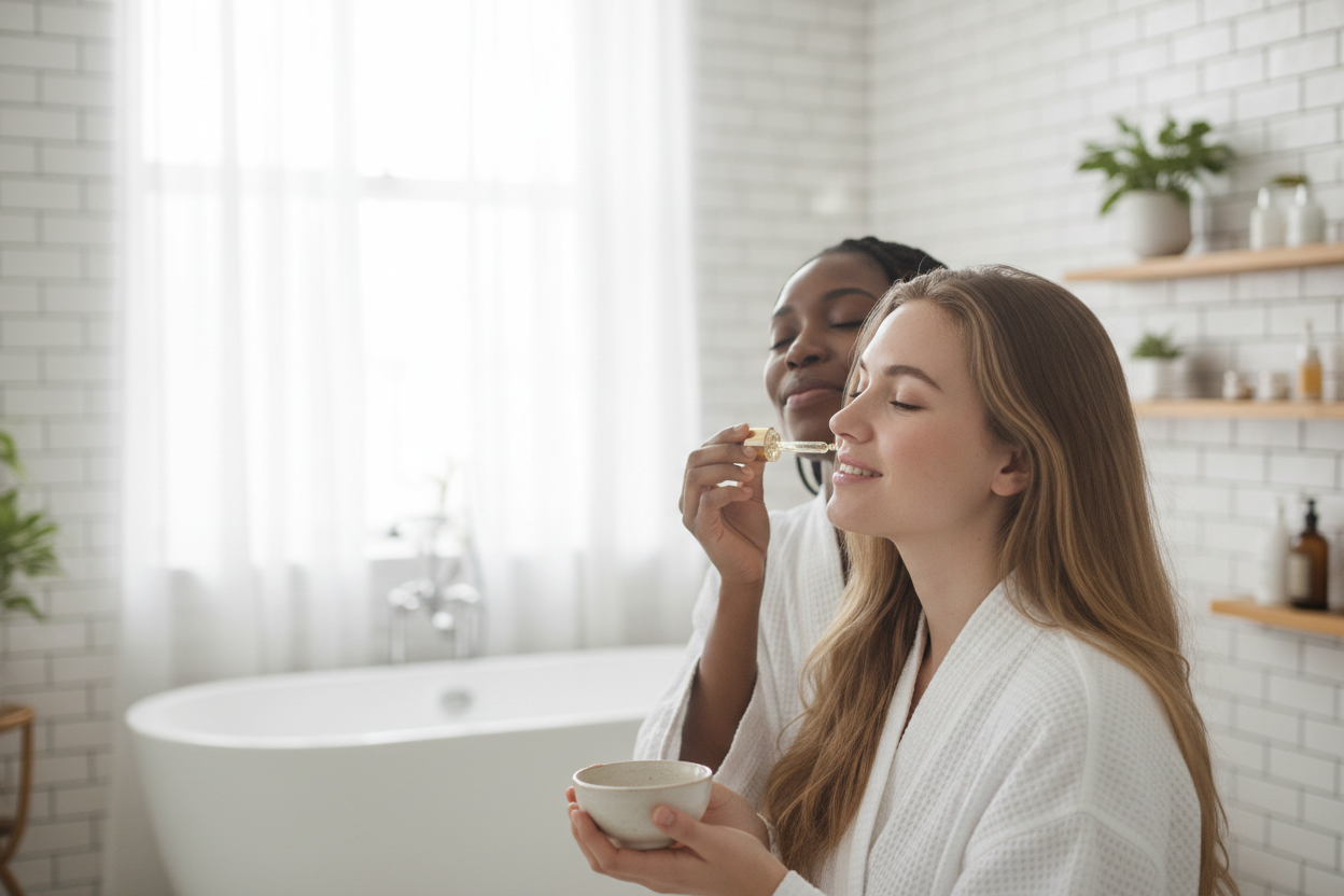 two women using skin oils in a light bathroom.