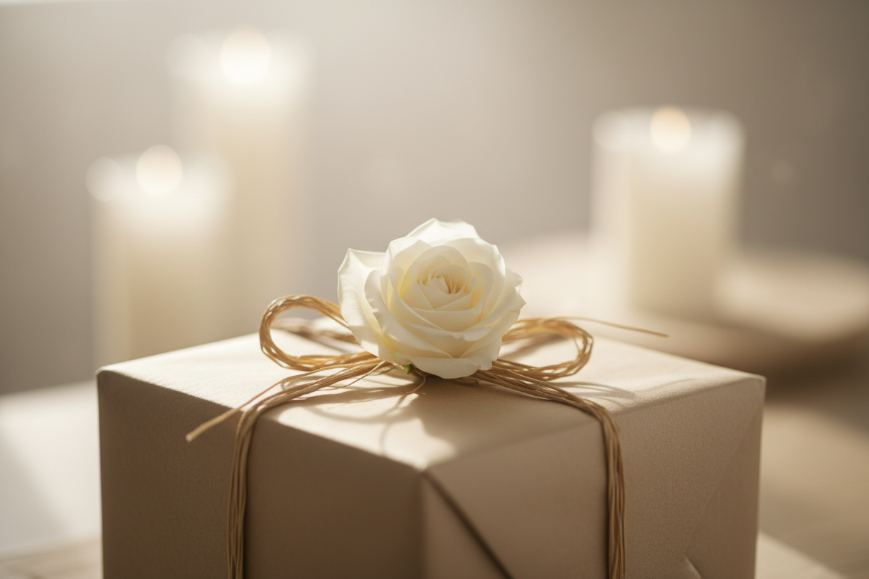 SOFT FOCUS IMAGE OF A GIFT WRAPPED IN LIGHT BEIGE PAPER AND A STRAW RIBBON WITH A WHITE ROSE ON TOP